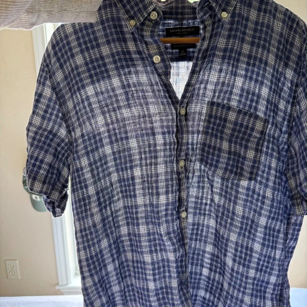 Banana Republic Mens Medium Blue Plaid 100% Linen Camden Standard Fit Shirt SS
